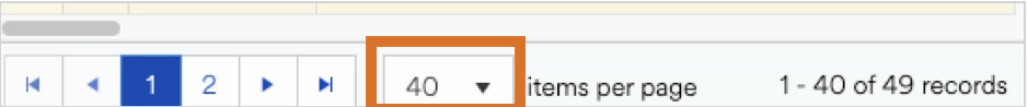 Dropdown menu showing options for items per page in a data table interface.